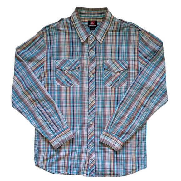 Quiksilver Mens Large Shirt Teal Blue Red Plaid Button Up Long Sleeve Casual - Picture 1 of 9